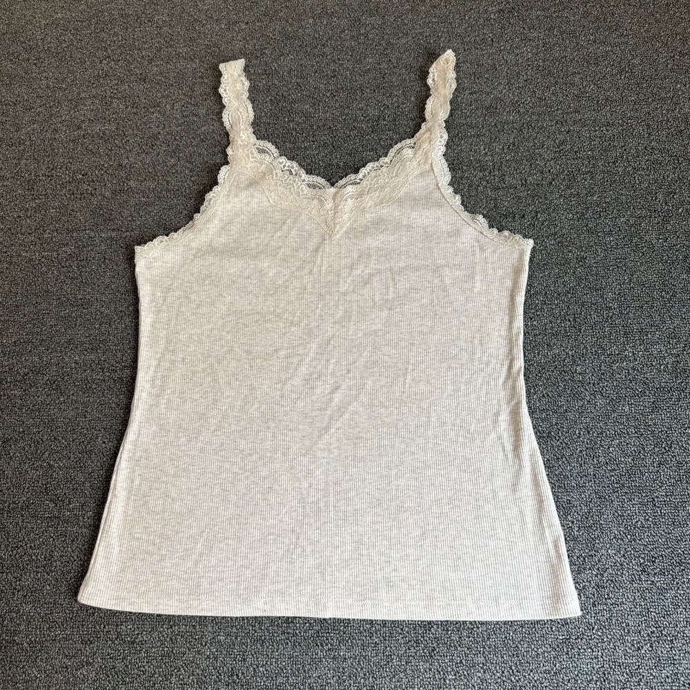 SO Goods For Life Ribbed Lace Trim Camisole Top Oatmeal Beige Womens Large
